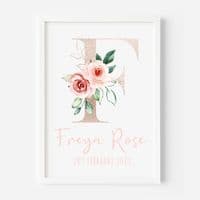 Personalised Floral initial Rose Gold Print, Nursery Decor, New Baby Gift, Nursery Print