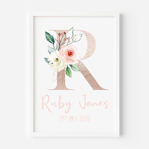 Personalised Floral initial Rose Gold Print, Nursery Decor, New Baby Gift, Nursery Print