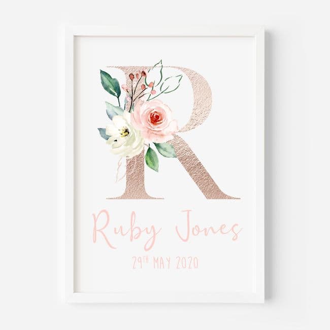Personalised Floral initial Rose Gold Print, Nursery Decor, New Baby Gift, Nursery Print