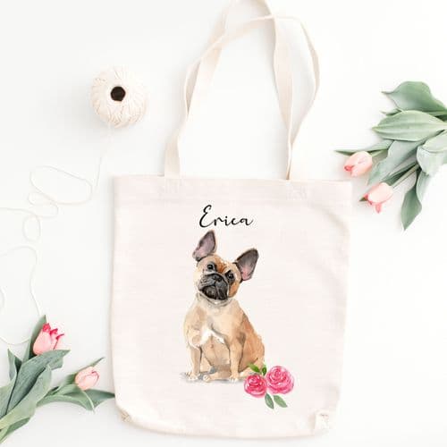 Personalised French Bulldog Tote Bag, Brown Dog Gift For Her, Name Tote Bag, Dog Gifts, Dog Tote