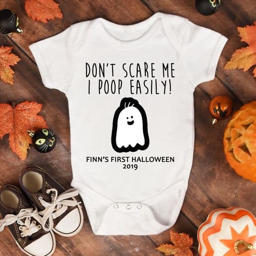 Personalised  Halloween Babygrow Costume Outfit - Don't Scare Me I Poop Easily