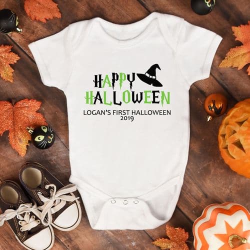 Personalised  Halloween Babygrow Costume Outfit - Happy Halloween Witch Wizard Hat