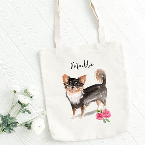 Personalised Long Haired Chihuahua Tote Bag, Dog Gift For Her, Name Tote Bag, Dog Gifts, Dog Tote