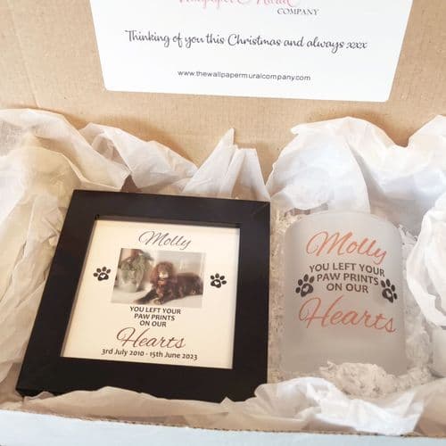 Personalised Paw Prints Pet Candle Holder & Tealight & Framed Print Gift Box  - Christmas