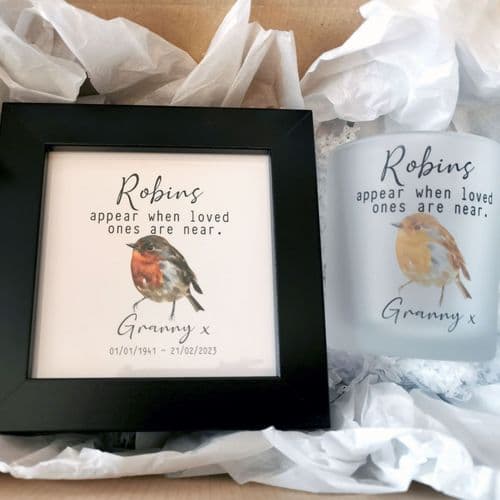 Personalised Robins Appear Loved Ones Candle Holder & Tealight & Framed Print Gift Box  - Christmas