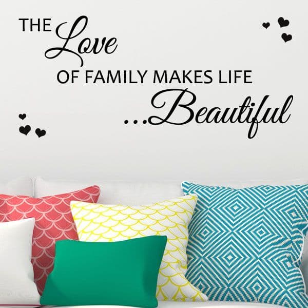 Autocollant Mural Déco Citation "The Love Of A Family Makes Life Beautiful" - RexburgVinyl - Modèle T52 - Neuf