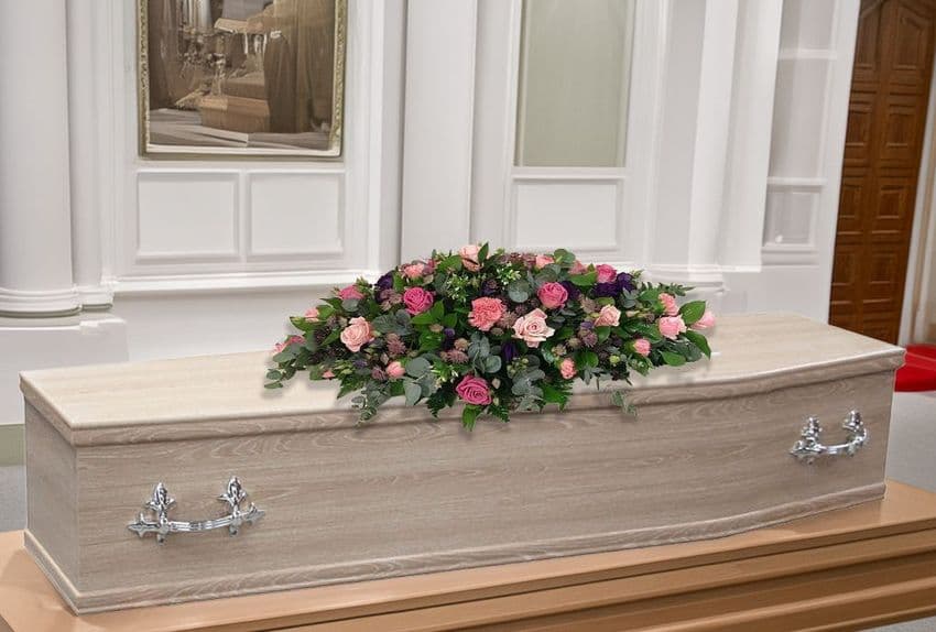 Pink and Purple Coffin Spray by Paul J King Flowers Maldon