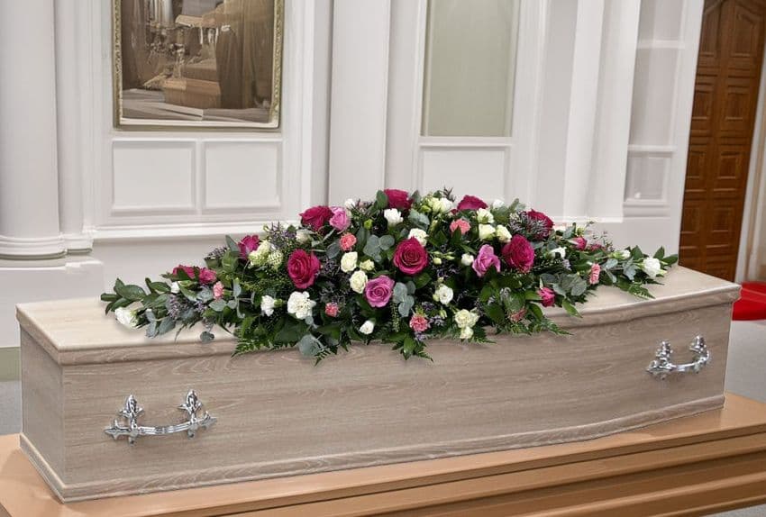 Pink and White Coffin Spray by Paul J King Flowers Maldon