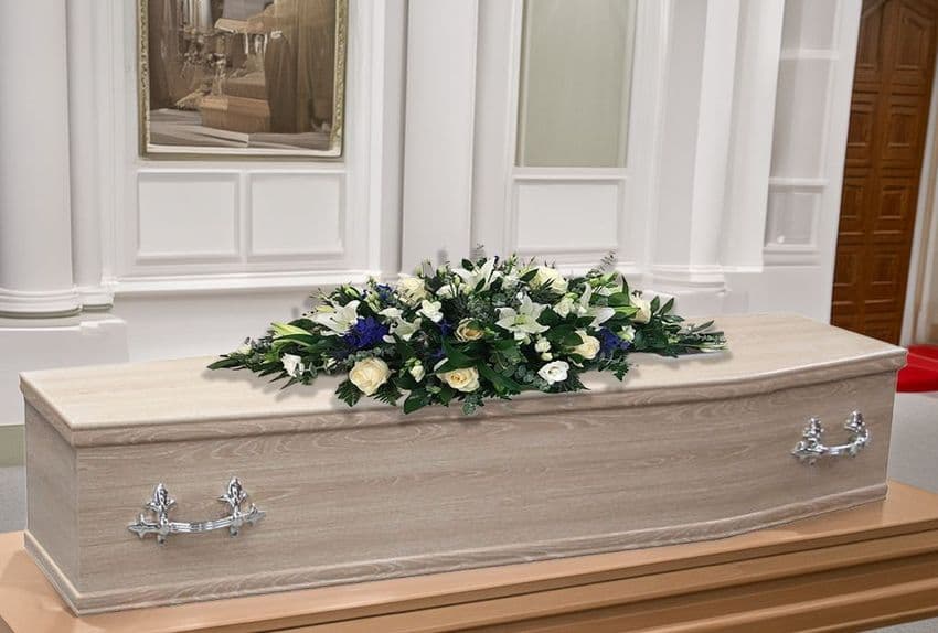 Pink and Purple Coffin Spray by Paul J King Flowers Maldon