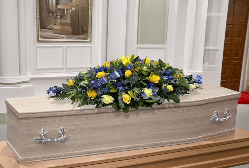 Blue and Yellow Coffin Spray by Paul J King Flowers Maldon