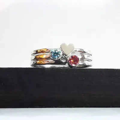 2 x 3mm Diamond, Silver Heart  Memorial Ring - Ash/Hair Hidden
