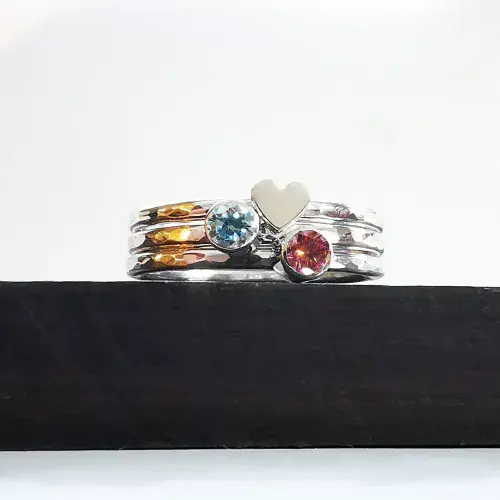 2 x 3mm Diamond, Silver Heart Memorial Ring - Ash/Hair Hidden
