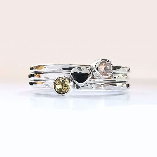 2 x 3mm Gemstone And Hidden Ash/Hair Heart Stacking Ring