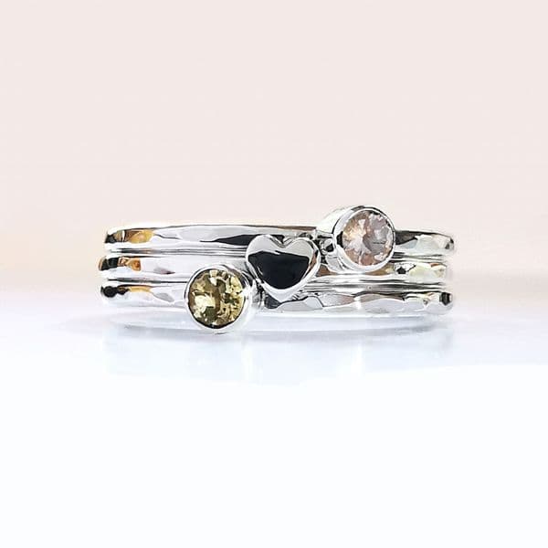 2 x 3mm Gemstone And Hidden Ash/Hair Heart Stacking Ring