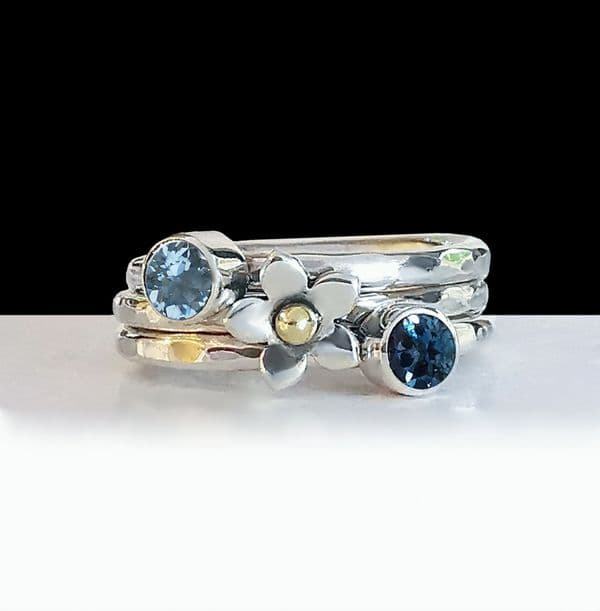 2 x 3mm Gemstone, Hidden Ash/Hair Forget Me Not Memorial  Stacking Ring