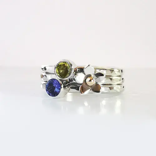 2 x 4mm Gemstone, Hidden Ash/Hair Forget Me Not Stacking Ring