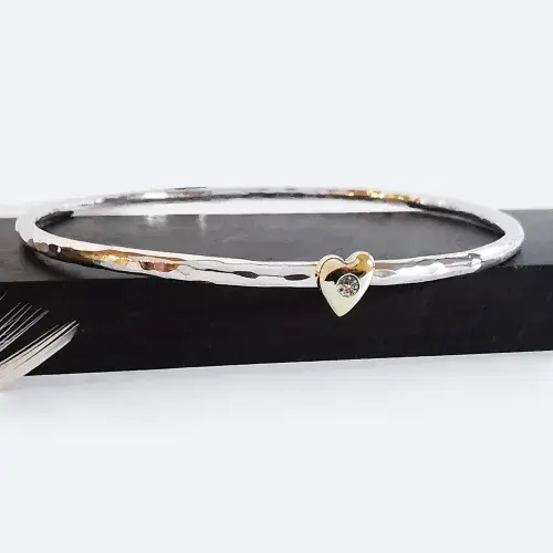 2mm Diamond Ash 9ct Gold Heart On Silver Memorial Bangle