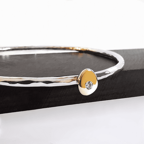2mm Diamond Ash 9ct Gold Pebble On Silver Memorial Bangle
