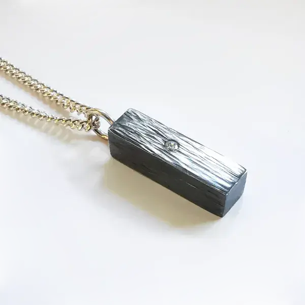 2mm Diamond Unisex Rectangular Oxidised Silver Memorial Pendant