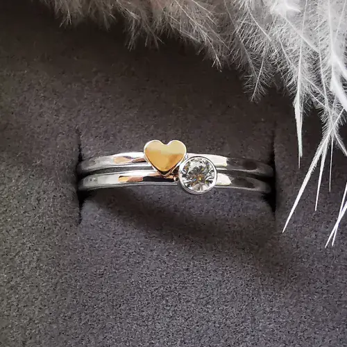 3mm Diamond, 9ct Gold Heart Silver Memorial Ring - Ash/Hair Hidden