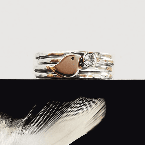 3mm Diamond Ash 9ct Gold Robin And Silver Wide Memorial Ring