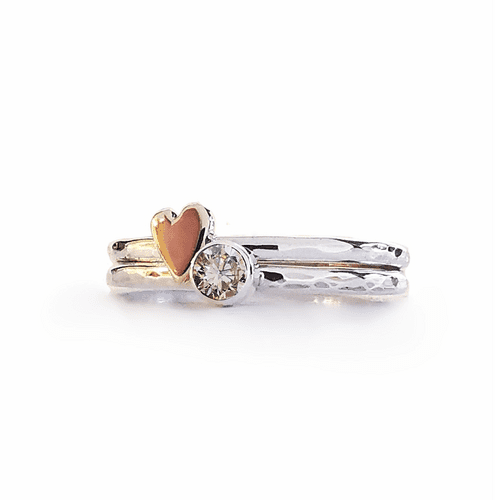 3mm Diamond Ash /Hair Silver and 9ct Gold Heart Stacking Memorial Ring