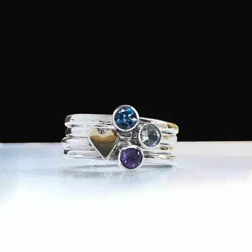 3mm Multi Gemstone , Hidden Ash/Hair Heart Stacking Ring