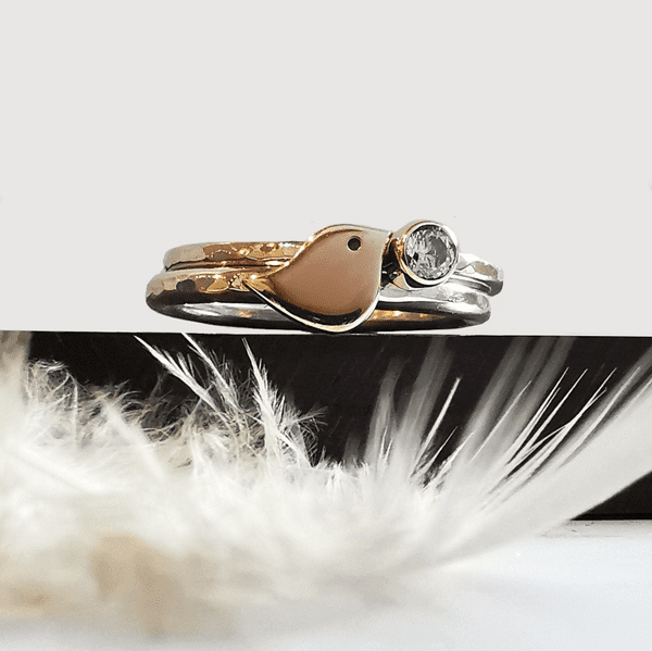 3mm or 4mm Diamond Ash 9ct Gold Robin And Silver Memorial Ring