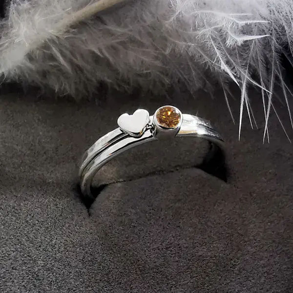 4mm Gemstone, Ash/Hair And 9ct Gold Heart Memorial Stacking Ring