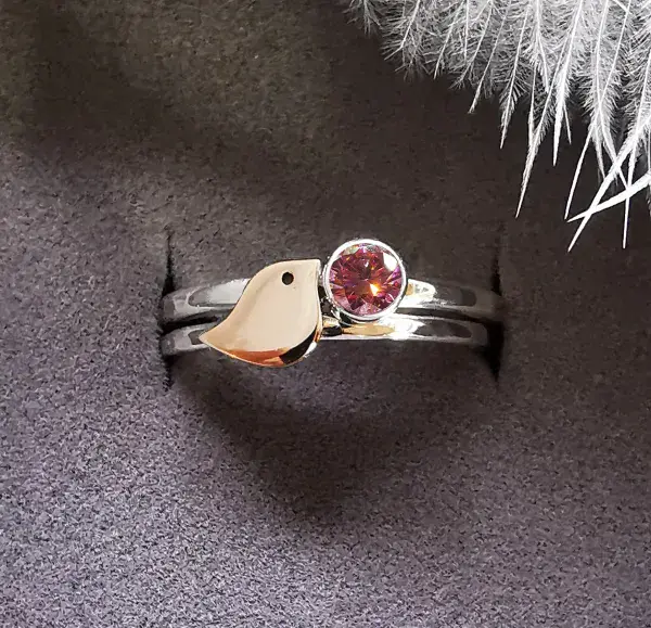 4mm Diamond, 9ct Gold Robin  Silver Memorial Ring - Ash/Hair Hidden