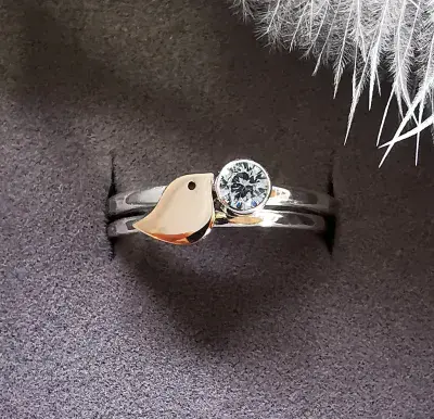 4mm Diamond, 9ct Gold Robin  Silver Memorial Ring - Ash/Hair Hidden