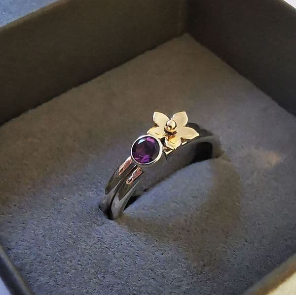 4mm Gemstone And Ash / Hair 9ct Gold Forget Me Not And Silver Memorial Ring