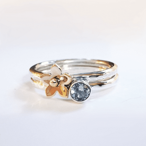4mm Gemstone And Ash / Hair 9ct Gold Forget Me Not And Silver Memorial Ring