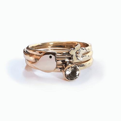 4mm Gemstone And Ash/Hair 9ct Gold Robin And Forget Me Not Memorial Stacking Ring