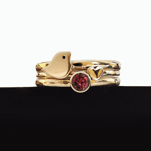 4mm Gemstone And Ash/Hair 9ct Gold Robin And Heart Memorial Stacking Ring