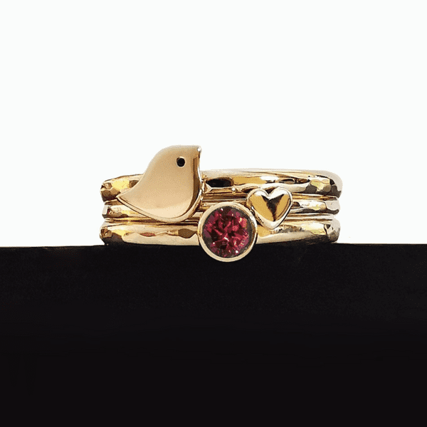4mm Gemstone And Ash/Hair 9ct Gold Robin And Heart Memorial Stacking Ring