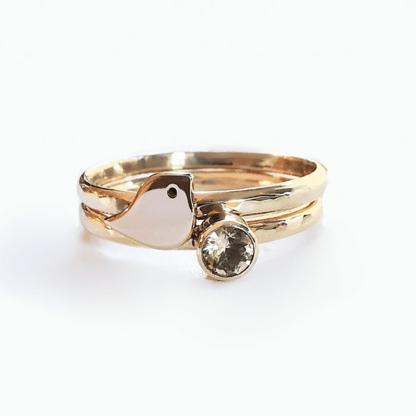 4mm Gemstone And Ash/Hair 9ct Gold Robin Memorial Stacking Ring