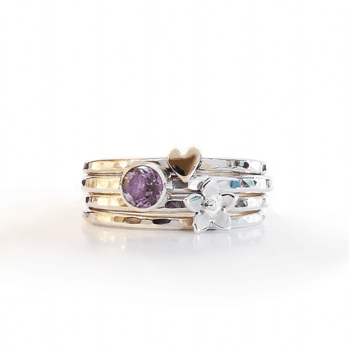 4mm Gemstone, Ash/Hair And Forget Me Not And Heart Memorial Stacking Ring
