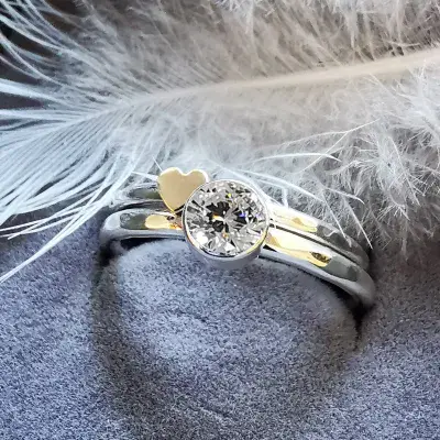 5mm  Diamond,  9ct Gold  Heart Silver Memorial Ring - Ash/Hair Hidden