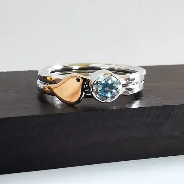 5mm Diamond, 9ct Gold Robin Silver Memorial Ring - Ash/Hair Hidden