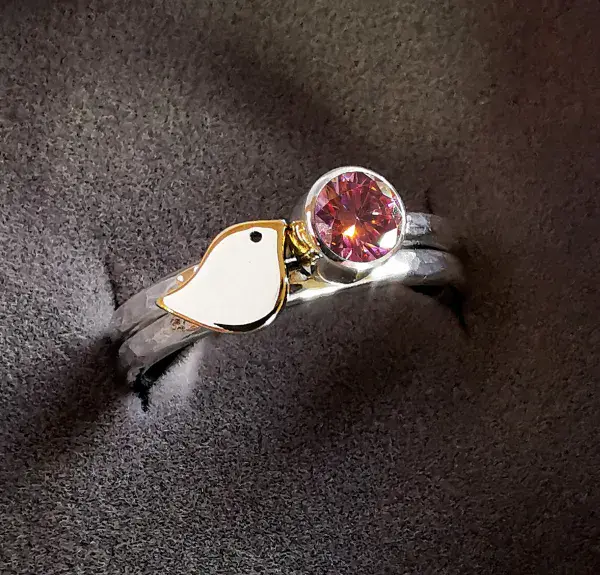 5mm Diamond, 9ct Gold Robin Silver Memorial Ring - Ash/Hair Hidden