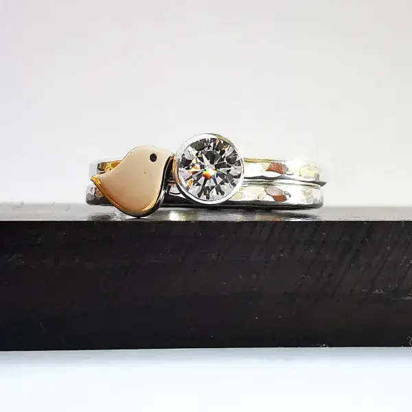 5mm Diamond, 9ct Gold Robin Silver Memorial Ring - Ash/Hair Hidden