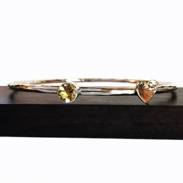 5mm Gemstone And Ash Hair Textured 9ct Gold Heart Memorial Bangle