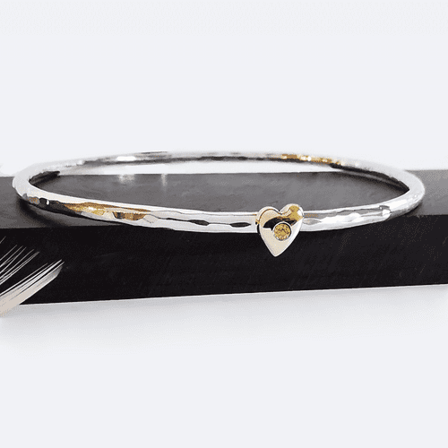 9ct Gold Heart And Silver Memorial Bangle For 2mm Heart In Diamond