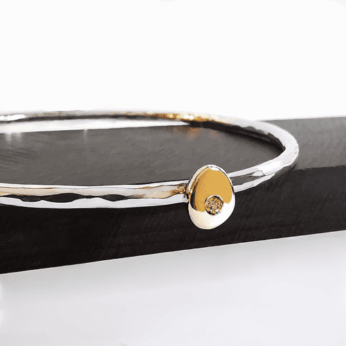 9ct Gold Pebble And Silver Memorial Bangle For 2mm Heart In Diamond