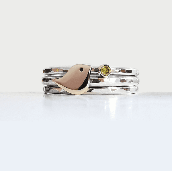 9ct Gold Robin And Silver Memorial Ring For 2mm Heart In Diamond