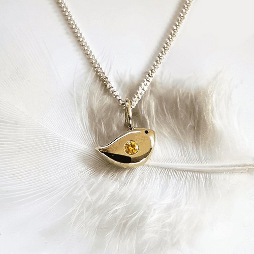 9ct Gold Robin Pendant For 2mm Heart In Diamond On Silver Chain