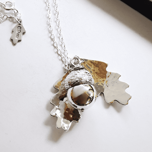 Acorn Urn With Hidden Ash/Hair  & Oak Leaves Pendant