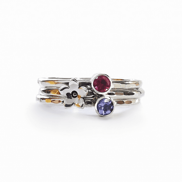 Double 3mm Gemstone and Hidden Ash/Hair Forget Me Not Memorial Stacking Ring