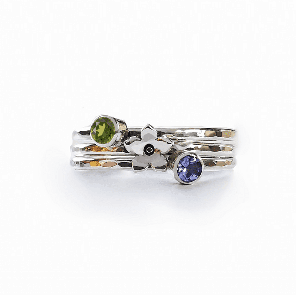 Double 3mm Gemstone and Hidden Ash/Hair Forget Me Not Memorial Stacking Ring
